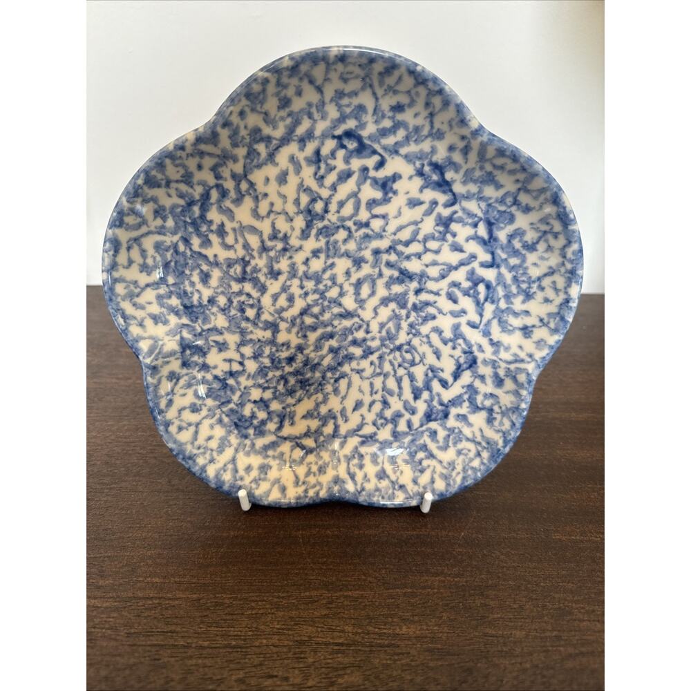 Blue Spongeware Scalloped Salad Bowl Dessert Plate 7.5" Vintage USA Discontinued